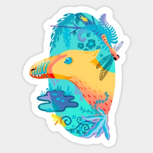 Yellow Feathered Velociraptor with Cretaceous Plants Sticker